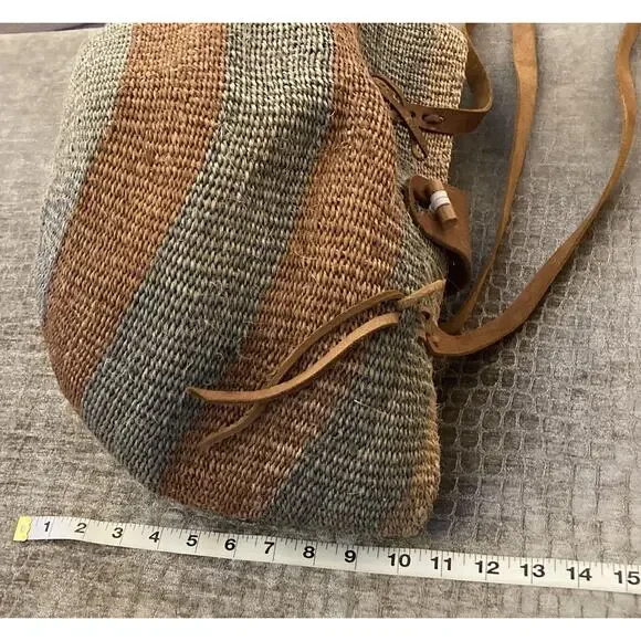 Vtg Woven Jute Leather Strap Straw Sisal Market Round Tote Shoulder Bag Purse - Picture 10 of 12